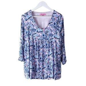 Simply Southern Tunic Top‎ Womens M Blue Pink Floral Crinkle Texture Blouse